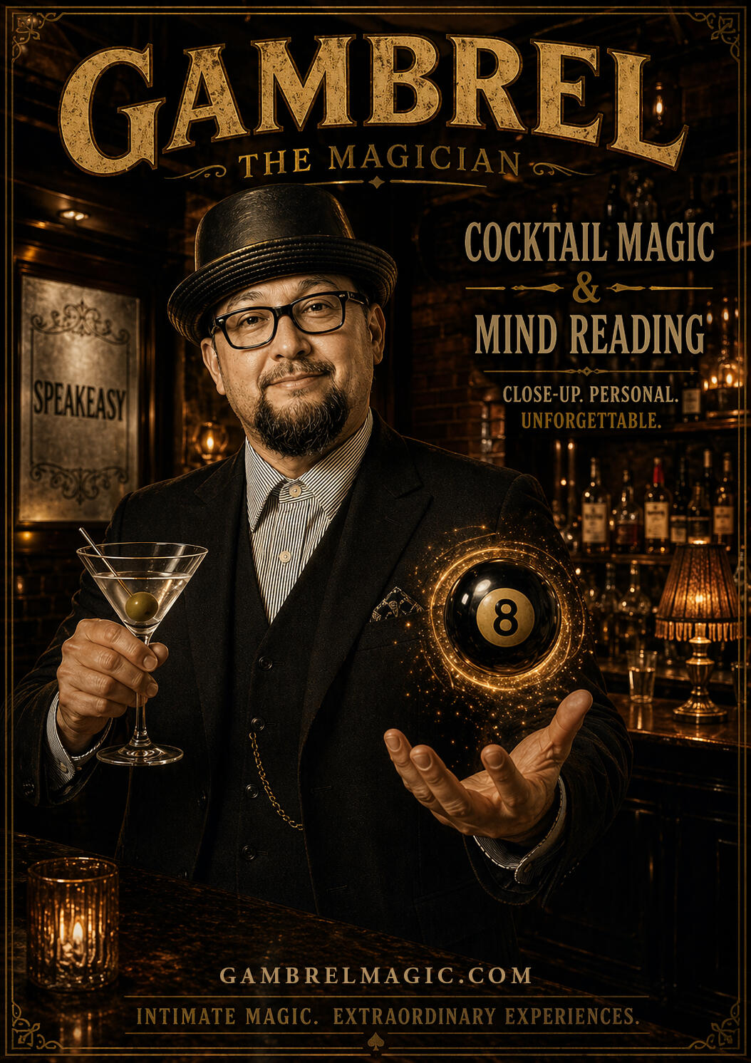 Magician Rodney Gambrel levitating an 8 Ball with one hand and holding a Martini in the other. Text reads "Gambrel the Magician. Cocktail Magic & Mind Reading. Close-Up. Personal. Unforgettable. GambrelMagic.com. Intimate Magic. Extraordinary Experiences."